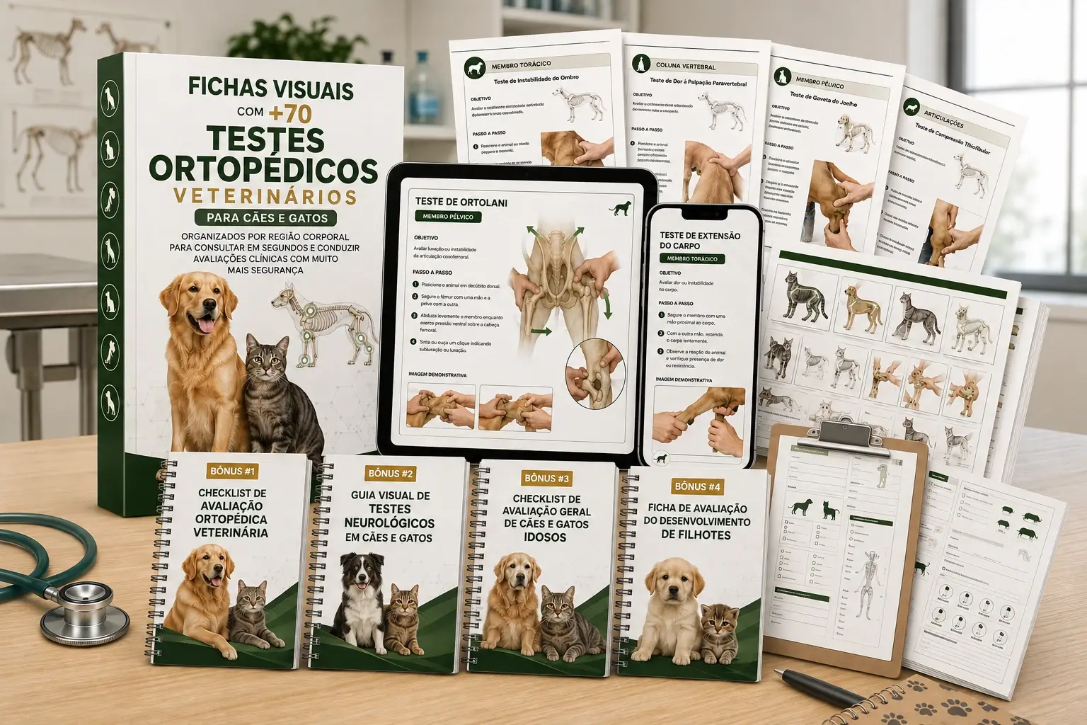 Mockup do material com fichas visuais de testes ortopédicos veterinários e bônus